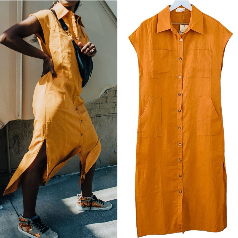 Grae Cove NWT Orange Blair Linen Blend Button Down‎ Front Side Slit Midi Dress